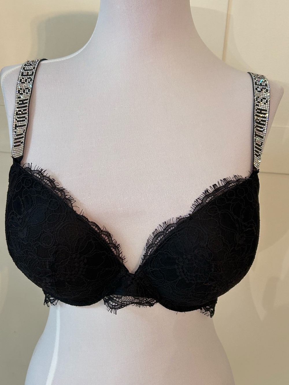 Victoria’s Secret Black Lace Push-Up Bra with Crystal Straps 36D